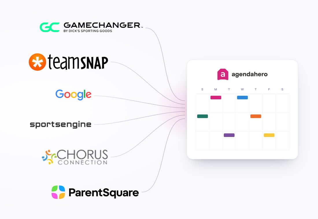 Feeds from GameChanger, TeamSnap, Google, SportsEngine, Chorus Connection and ParentSquare flowing into one Agenda Hero calendar