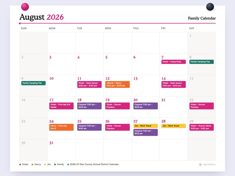 August 2026 family calendar, printed and held up with magnets